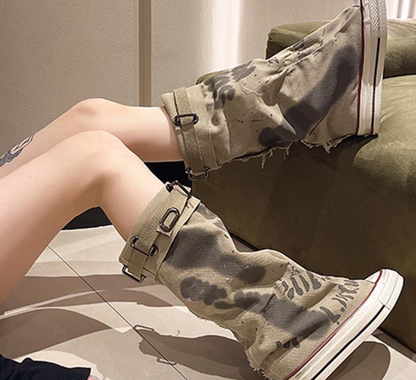 Botas planas de lona retro de media pantorrilla para mujer